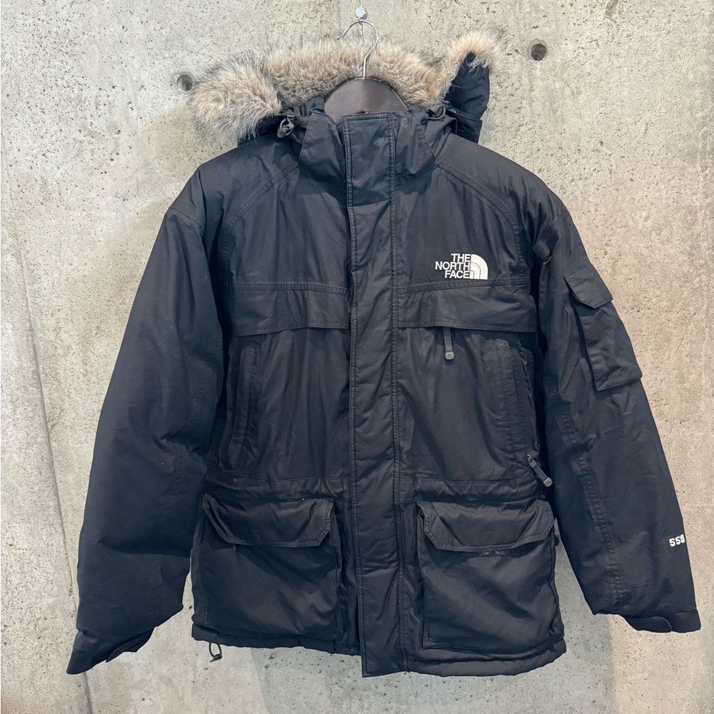 Large North Face Goose Down Parka with removable hood and synthetic fur